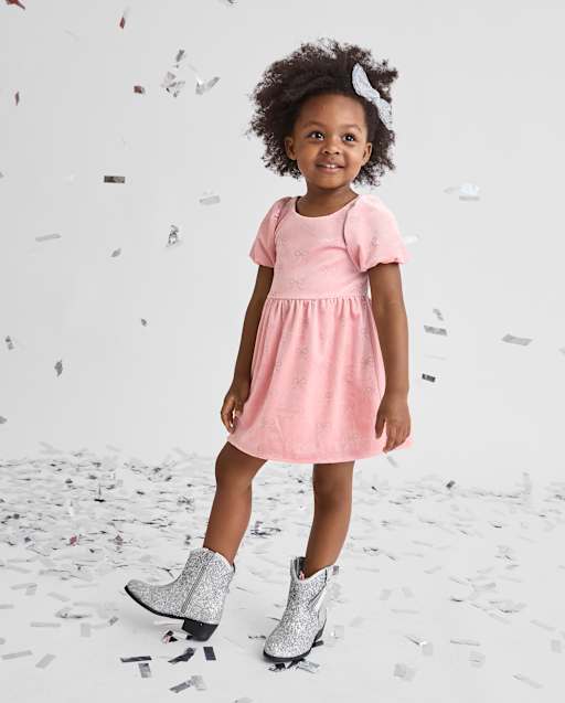 M*様 FLUTED GLITTER SHORT PUFF SLEEVE DRE Baby And Toddler Girls Short Sleeve Glitter Bow Velour Bubble