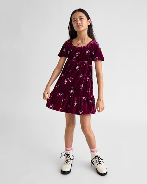 children's burgundy dress The Place Girls Three Quarter Sleeve Floral Velour Babydoll M (7/8) wedding maroon dress for kids