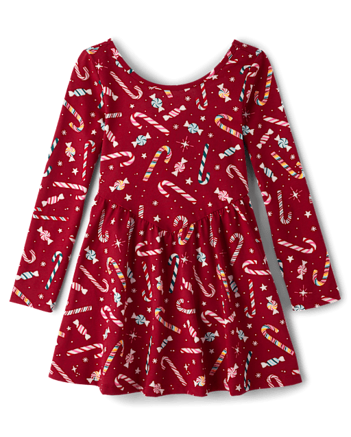 Girls Christmas Long Sleeve Holiday V-Waist Dress - RED
