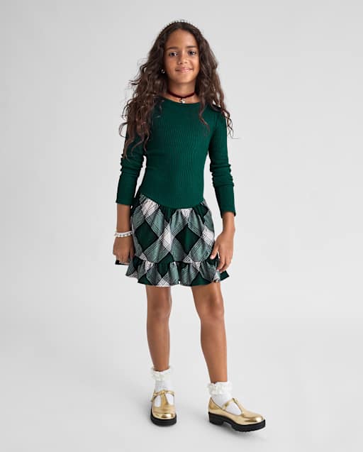 Girls Christmas Long Sleeve Plaid Ribbed Drop Waist Dress - GREEN