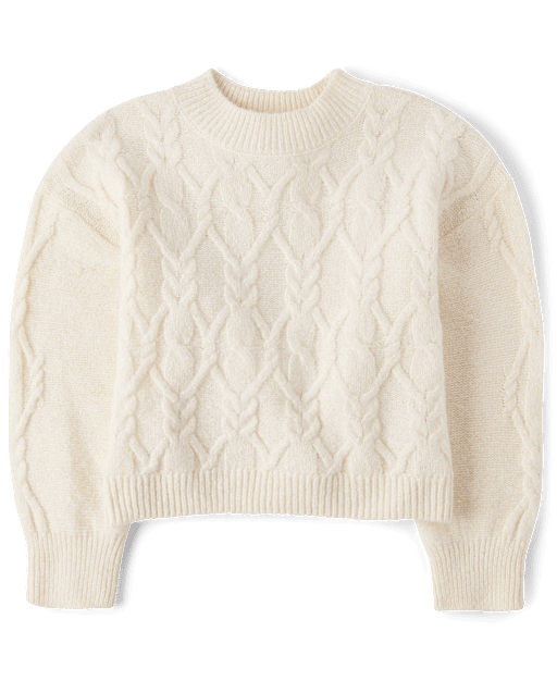 トップス HERILL Whitelinen Crewneck Knit Girls Long Sleeve Cable Knit Cropped Chunky Sweater - WHITE | The