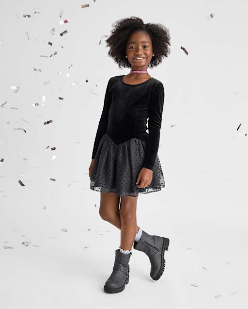 The Children's Place Girls Long Sleeve Flocked Floral Drop Waist Tutu Dress Black M (7/8)