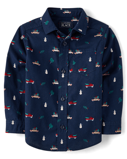 The Children's Place Baby And Toddler Boys Holiday Poplin Button Up Shirt | Size 9-12 M | Blue
