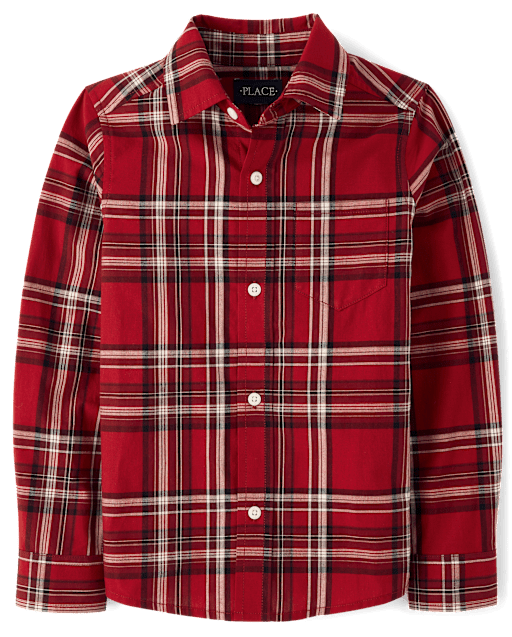 boys christmas dress shirt Long Sleeve Plaid Poplin Button Up - RED stars) on a red