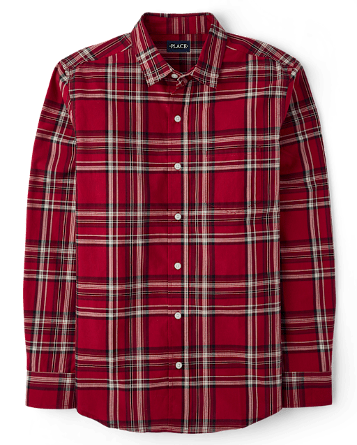 The Children's Place Mens Matching Family Plaid Poplin Button Up Shirt | Size Medium | Red
