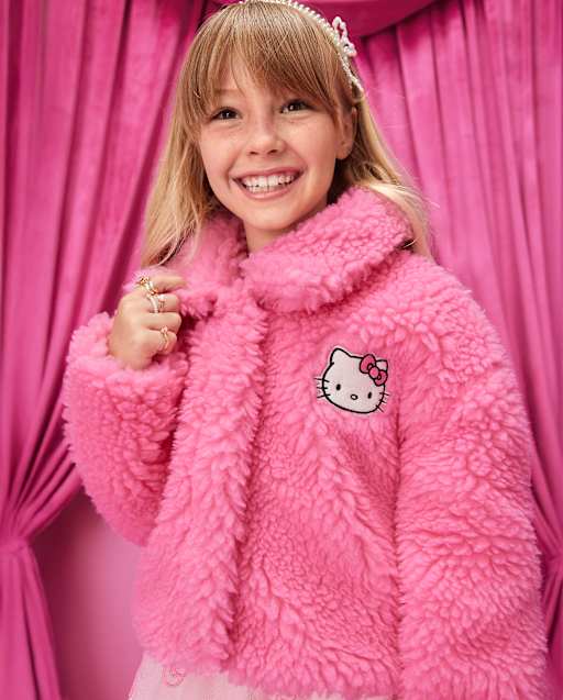 Girls Long Sleeve Hello Kitty Applique Sherpa Jacket - PINK | The