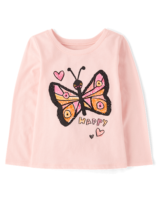 Baby And Toddler Girls Long Sleeve Butterfly Graphic Tee - PINK
