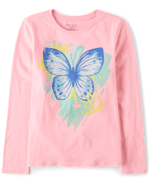 トップス Butterfly Graphic Long Sleeve Tee Girls Long Sleeve Butterfly Graphic Tee - PINK | The Children's Place
