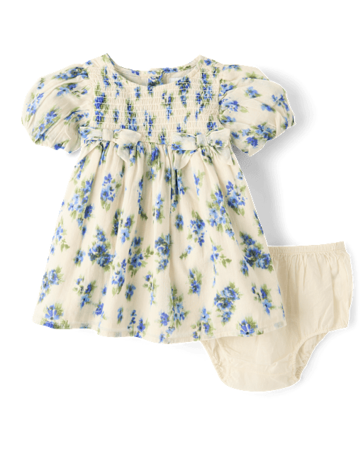 Baby Girls Mommy And Me Short Sleeve Floral Bow Smocked Dress - BLUE
