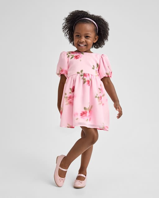 Toddler Girls Short Sleeve Floral Chiffon Fit And Flare Dress - PINK