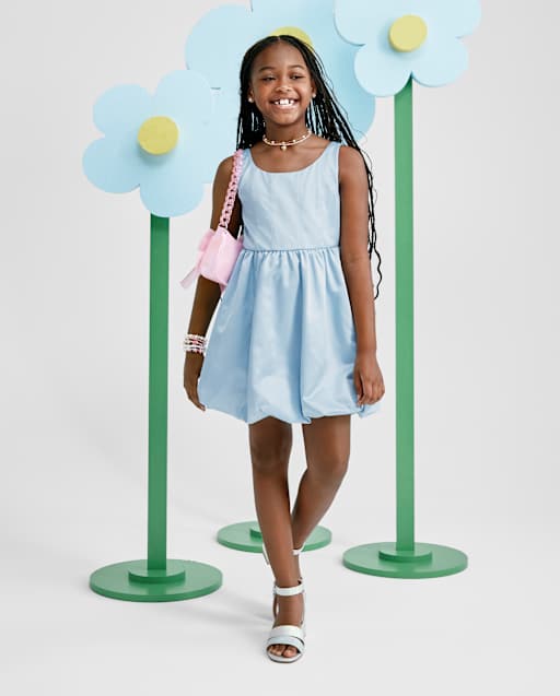 Girls Sleeveless Satin Bubble Dress - BLUE
