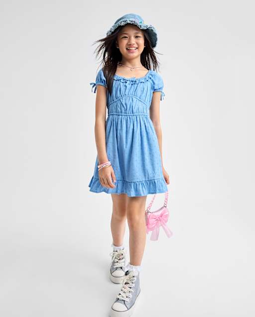Girls Short Puff Sleeve Clip Dot Ruffle Dress - BLUE | The