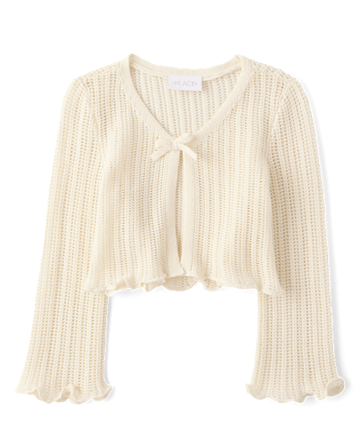 Girls Long Bell Sleeve Lettuce Pointelle Cardigan - CREAM | The