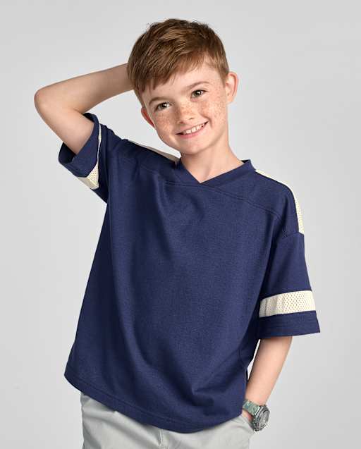 Boys Short Sleeve Contrast Mesh Football Tee - BLUE | The