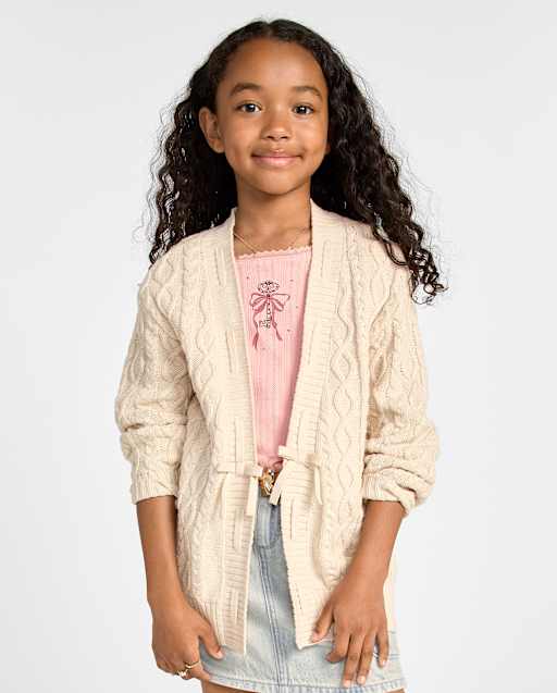 Girls Long Sleeve Laced Bow Cable Knit Cardigan - CREAM | The