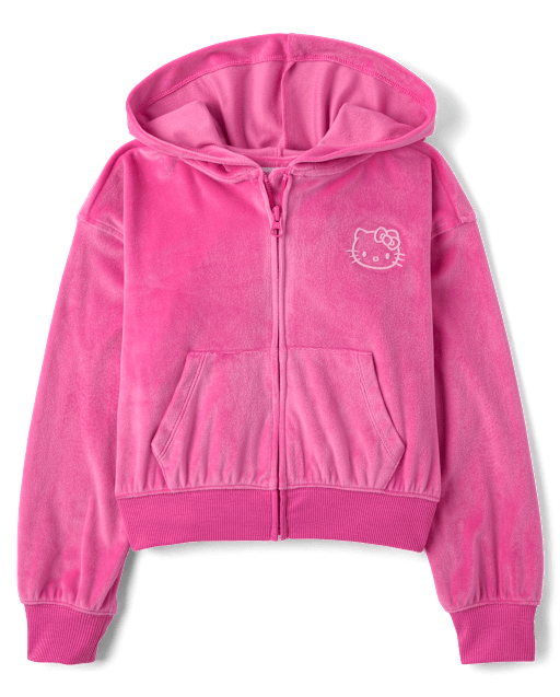 Girls Long Sleeve Hello Kitty Rhinestone Velour Zip Up Hoodie