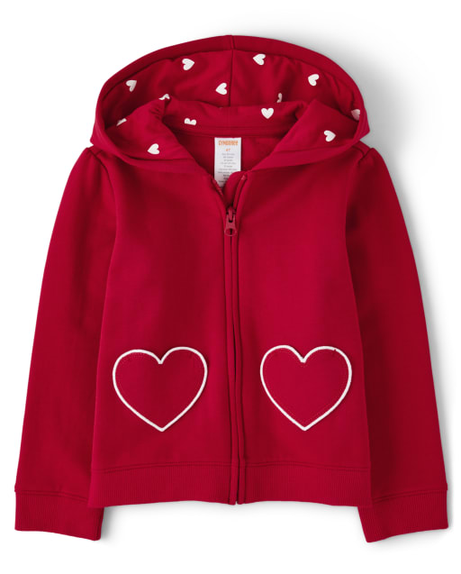 pink zip up hoodie with red hearts