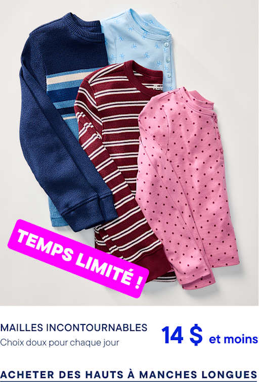 Trois chemises en maille à manches longues, bleu marine, bordeaux et rose, sont superposées sur un fond blanc uni, avec une bannière rose vif « DURÉE LIMITÉE ! » au premier plan.