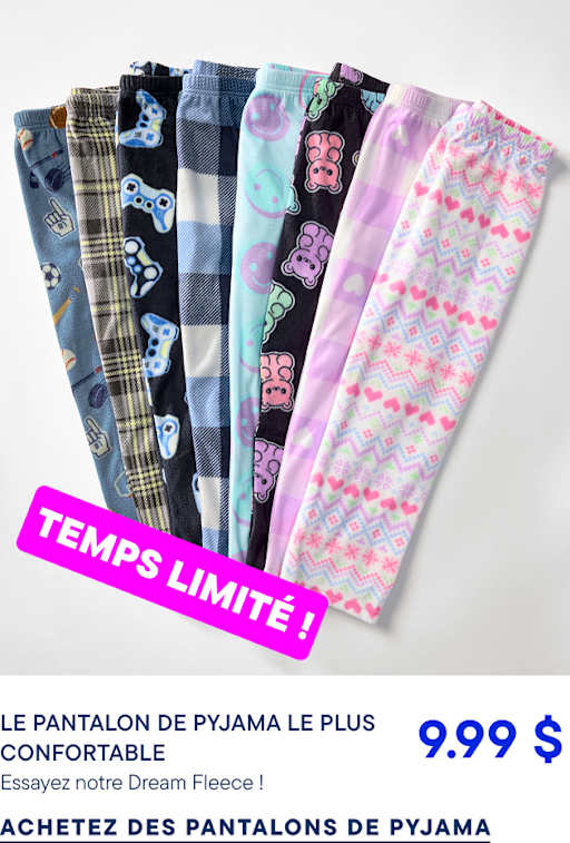 Divers pantalons de pyjama à motifs sont disposés en éventail sur un fond blanc uni, avec une pancarte rose vif « MERRY DEAL ! » au premier plan.