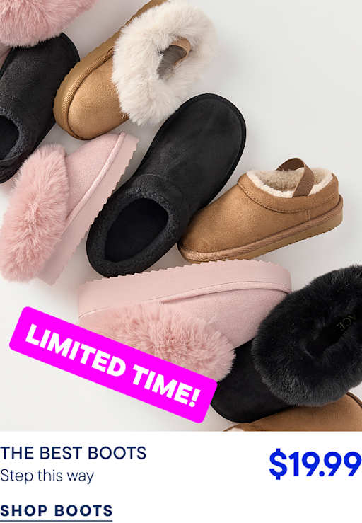 Various styles of faux-fur lined slippers are scattered across a white background with a bright pink "LIMITED TIME!" banner and pricing text at the bottom.
