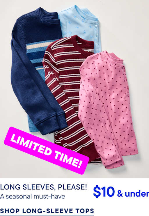 Three long-sleeved knit shirts in navy, burgundy, and pink are layered over a plain white background with a bright pink "LIMITED TIME!" banner in the foreground.