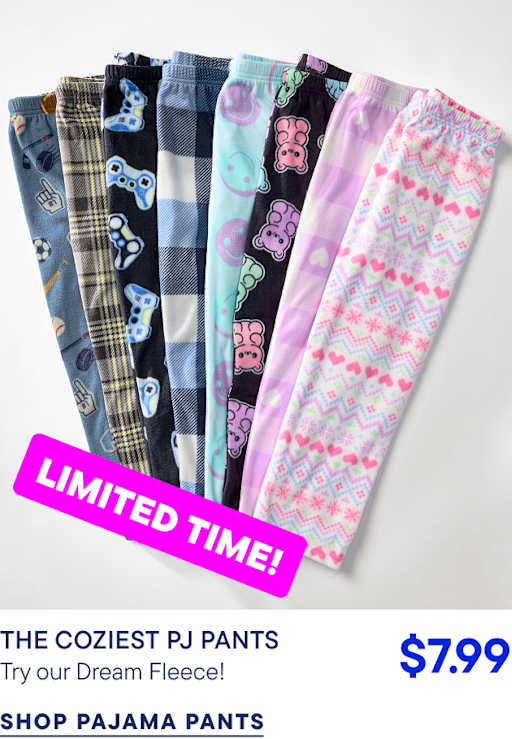 A variety of patterned pajama pants are fanned out against a plain white background with a bright pink "LIMITED TIME!" banner and pricing text below.