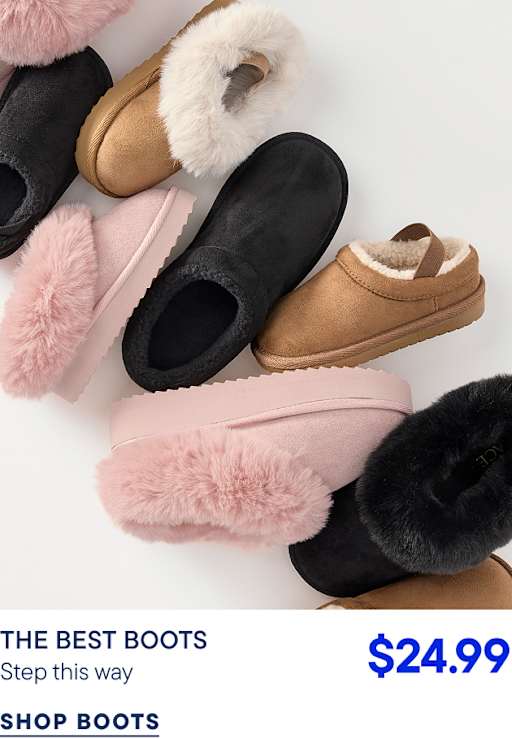 Various styles of faux-fur lined slippers in black, pink, and tan are scattered across a plain white background.