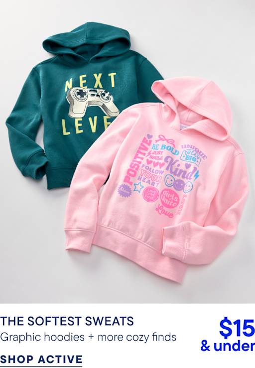 Una sudadera estampada de color turquesa y otra rosa se encuentran una al lado de la otra sobre un fondo blanco liso con texto promocional en la parte inferior.