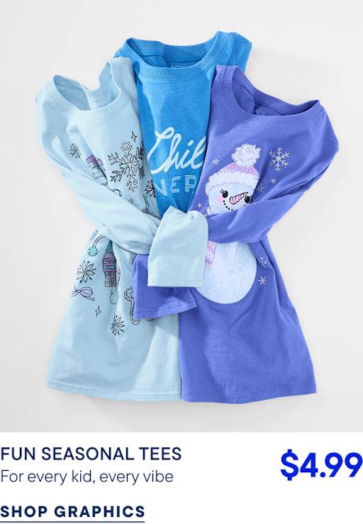 Three long-sleeved children's shirts in shades of blue with winter graphics are layered against a plain white background.