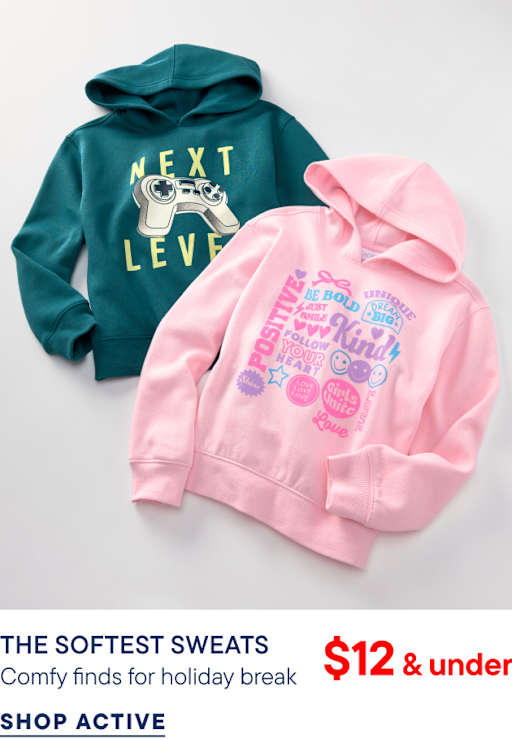 A teal and a pink graphic hoodie are laid out on a plain light gray background above promotional text.