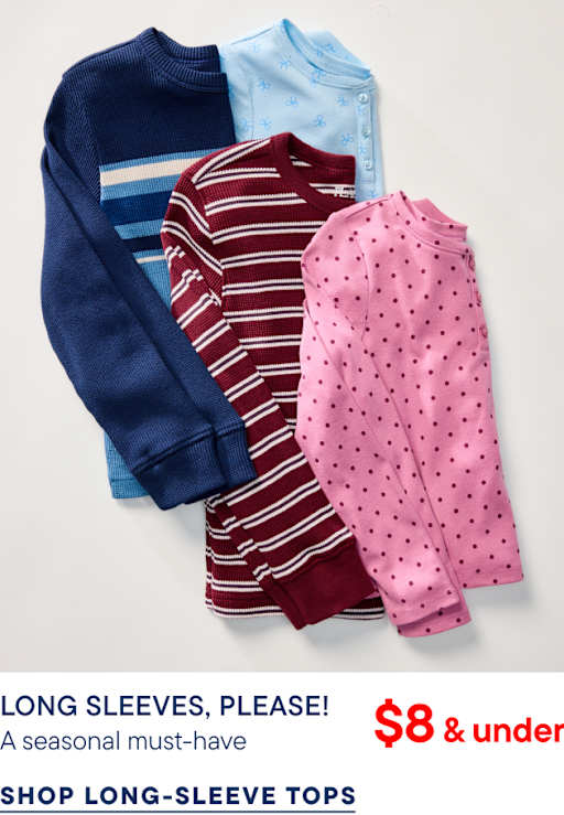 Four long-sleeved children's shirts in navy, light blue, burgundy, and pink are layered against a plain white background.