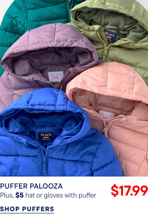 A blue puffer jacket sits in the foreground, layered over pink, purple, and green jackets in the background.