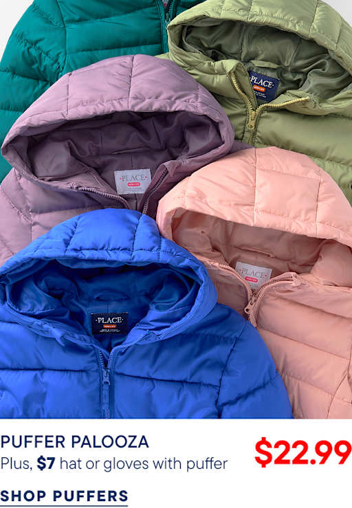 A blue puffer jacket sits in the foreground, layered over pink, purple, and green jackets in the background.