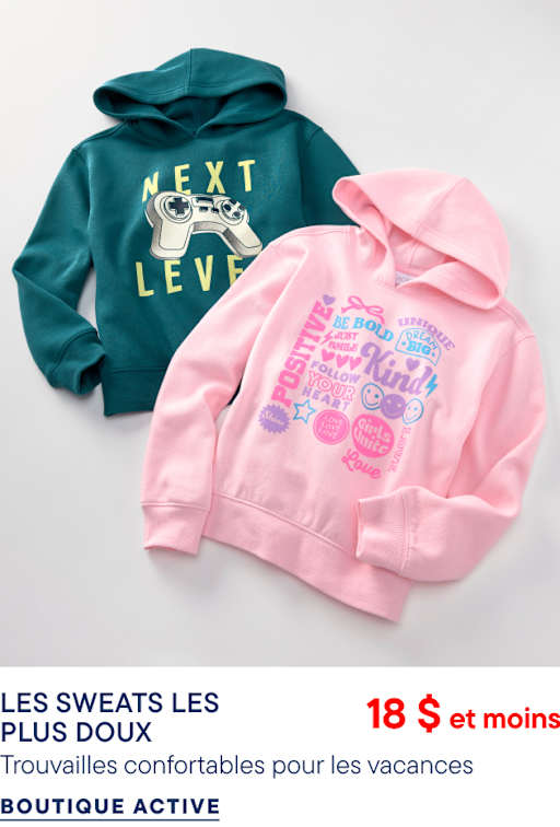 Un sweat à capuche graphique turquoise et rose est disposé sur un fond gris clair uni, au-dessus d'un texte promotionnel.