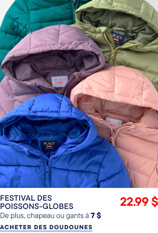 Au premier plan, une doudoune bleue est superposée à des vestes roses, violettes et vertes en arrière-plan.