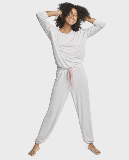 Womens Tie-Front Modal Pajama Set - Heathered Grey