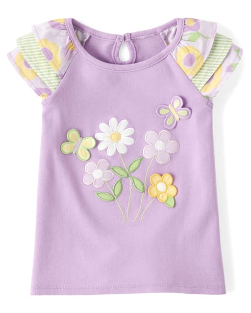 Girls Short Sleeve Embroidered Flowers And Butterflies Ruffle Top - Pocketful Of Posies