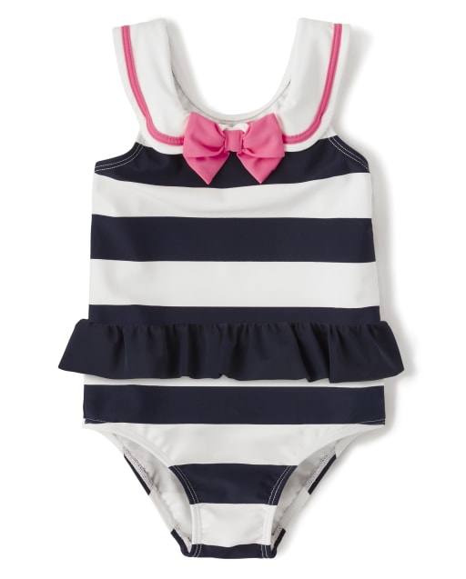 Girls Striped One Piece Swimsuit - Playful Poppies - view 1