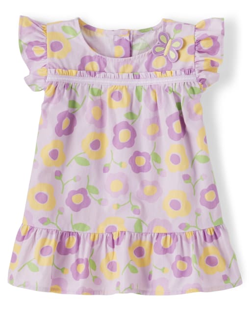 Girls Short Flutter Sleeve Floral Print Poplin Top - Pocketful Of Posies