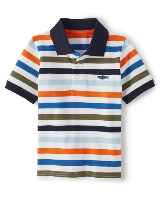 Boys Short Sleeve Striped And Embroidered Shark Pique Polo Whale Hello There