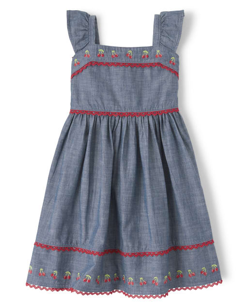 Girls Embroidered Chambray Dress - Very Cherry - view 1
