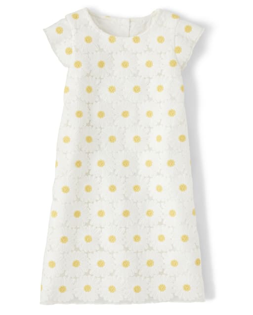 Girls Short Flutter Sleeve Embroidered Daisy Lace Shift Dress - Pocketful Of Posies