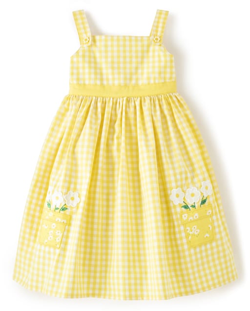 Girls Applique Flower Pot Gingham Dress - Sunny Daisies - view 1