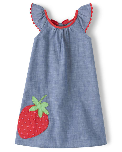 Girls Short Sleeve Embroidered Eyelet Strawberry Chambray Shift Dress - Strawberry Patch