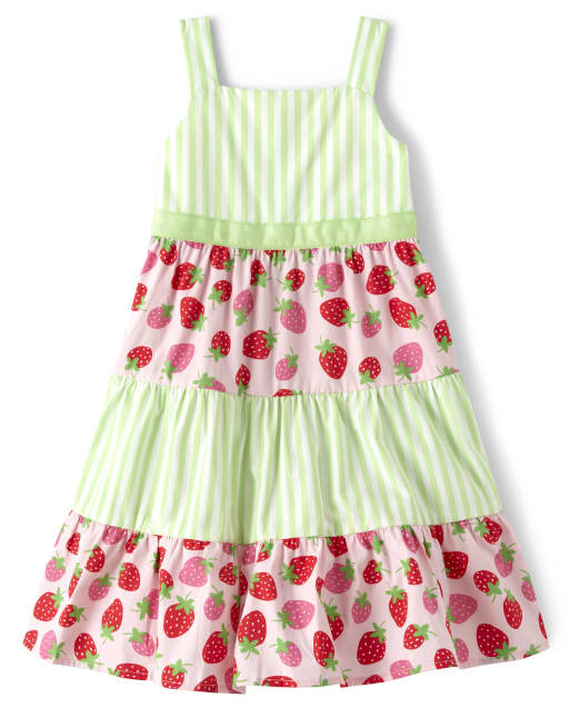 Girls Striped Tiered Dress - Strawberry Patch