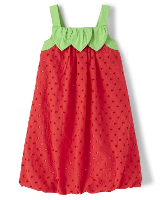 Girls Sleeveless Strawberry Eyelet Bubble Hem Dress - Strawberry Patch