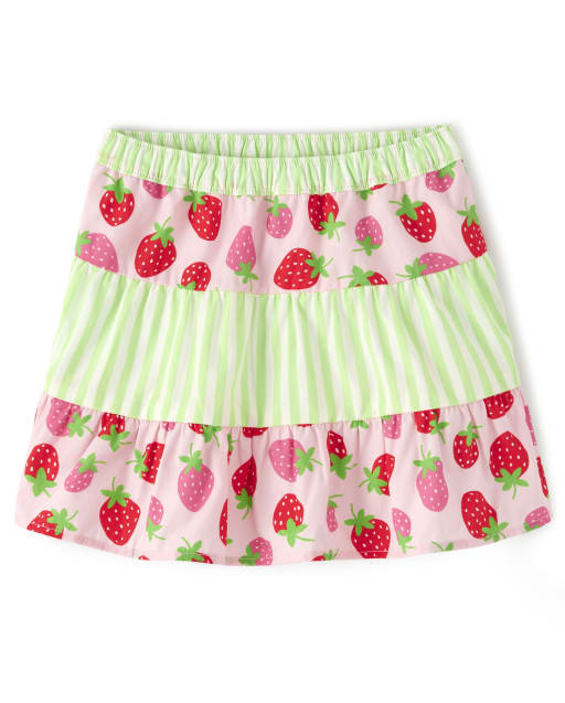 Girls Strawberry And Striped Poplin Tiered Skort - Strawberry Patch