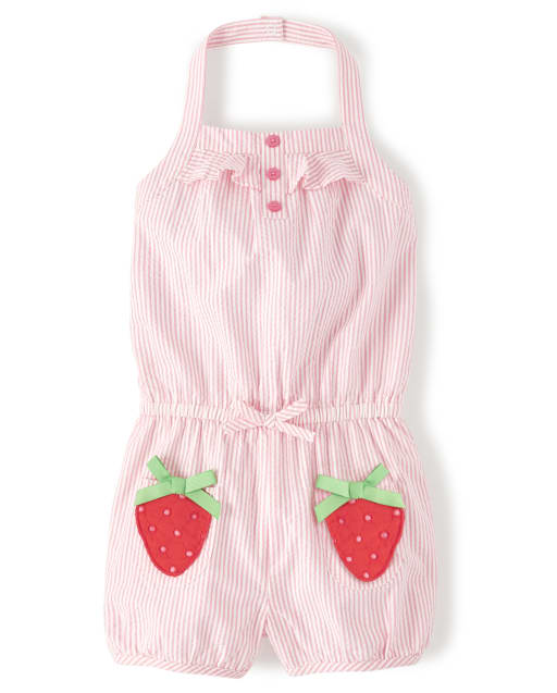 Girls Applique Seersucker Halter Romper - Strawberry Patch - view 1