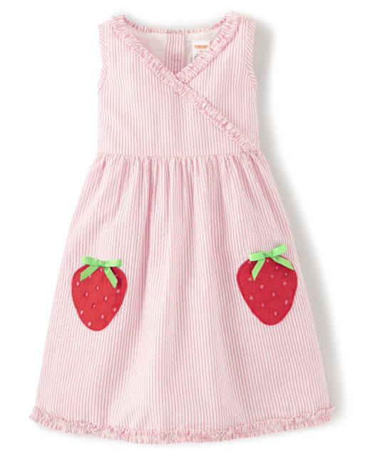 Girls Sleeveless Embroidered Applique Strawberry Seersucker Dress - Strawberry Patch