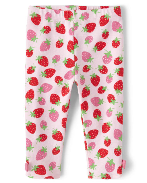 Girls Strawberry Print Bow Knit Capri Leggings - Strawberry Patch